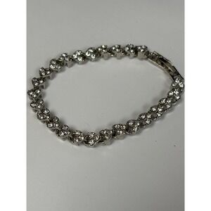 Rhinestone Heart Link Bracelet Silver Tone Tennis Style Womens Costume Jewelry